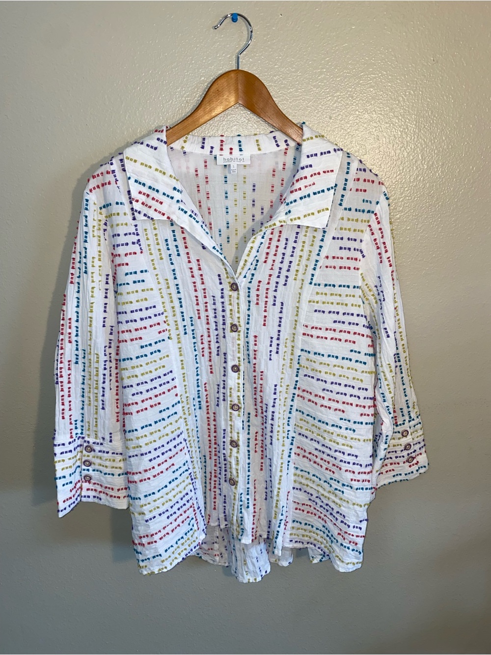 Habitat Clothes To Live In White Rainbow Stripe Crinkle Button Up Shirt Small